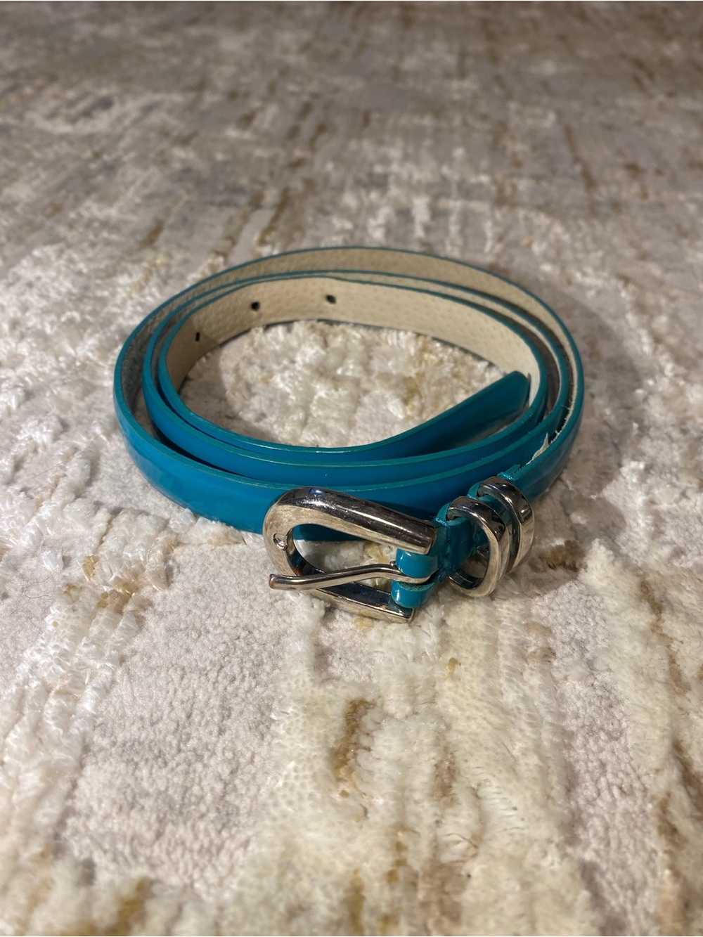 Women's Slim Teal Leather Belt with Silver Buckle
